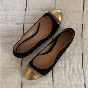Schutz Black Suede Flat w/ Gold Toes